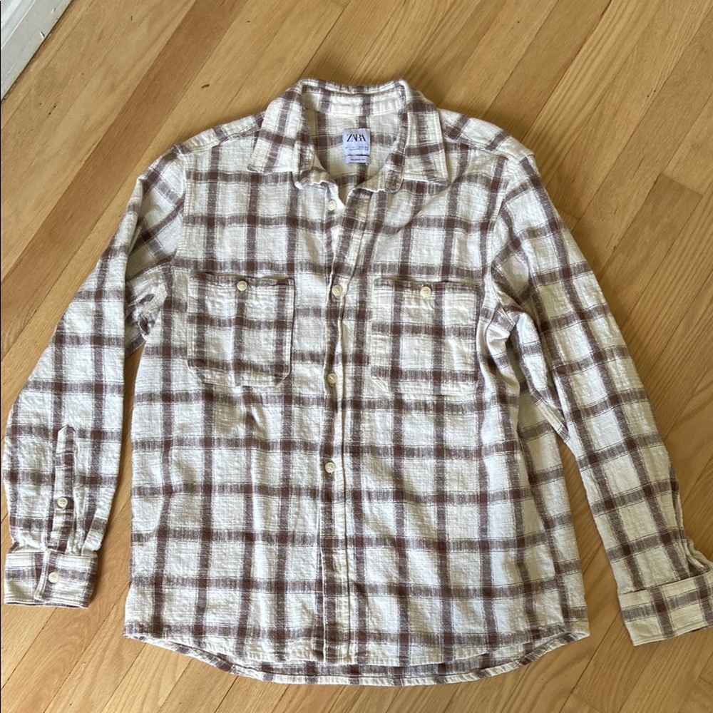 Zara relaxed fit cotton shacket ivory and brown plaid size womens large